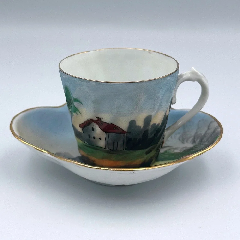 Vintage MCM Japanese Landscape Porcelain Hand Decorated Teacup & Saucer‎